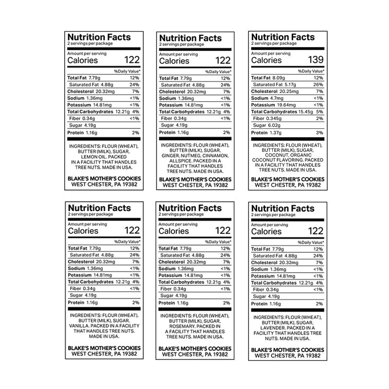 Nutrition Labels for all six flavors: Seasweep Lemon, Sag Harbor Spice, Montauk Macaroon, East Hampton Classic, Amagansett Rosemary, Long Lane Lavender