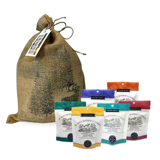 Blake's Mother's Cookies Winter Holiday Burlap Sack with six 2.2 oz. Short Bites pouches in front.