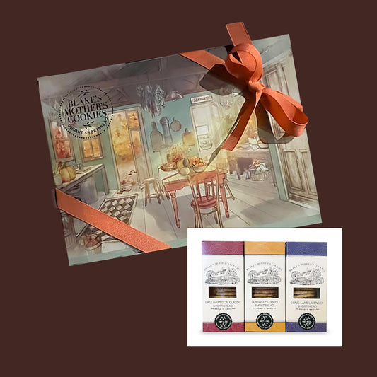 Autumn in the Hamptons at Blake's Mother's Cookies vintage family kitchen. A gift box wrapped and ready to give with an inset of three of the most popular 6-oz. shortbread flavors.