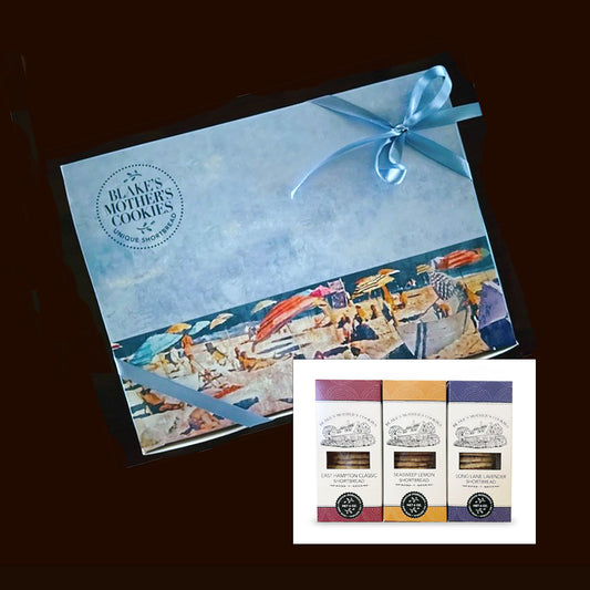 A box of shortbread with an illustration of a beach on Long Island during the summer. Three boxes of shortbread in an inset.
