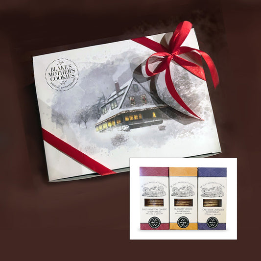 Blake's Mother's Cookies Wrapped Winter Gift Box,  three 6 oz. boxes of Shortbread Cookies