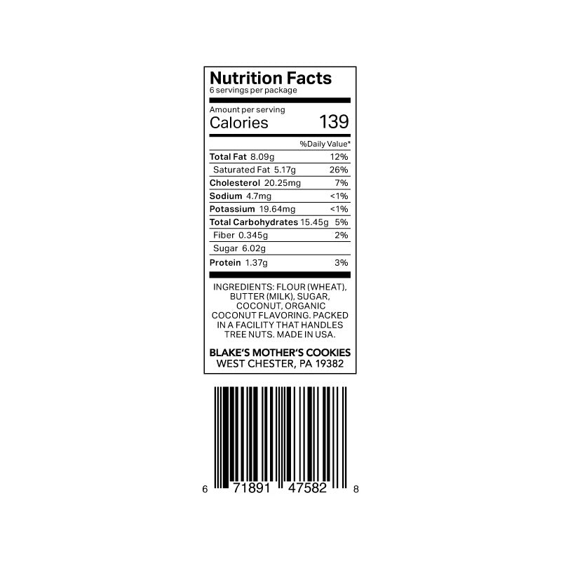 Nutrition label for 6.6-oz. Montauk Macaroon Short Bites
