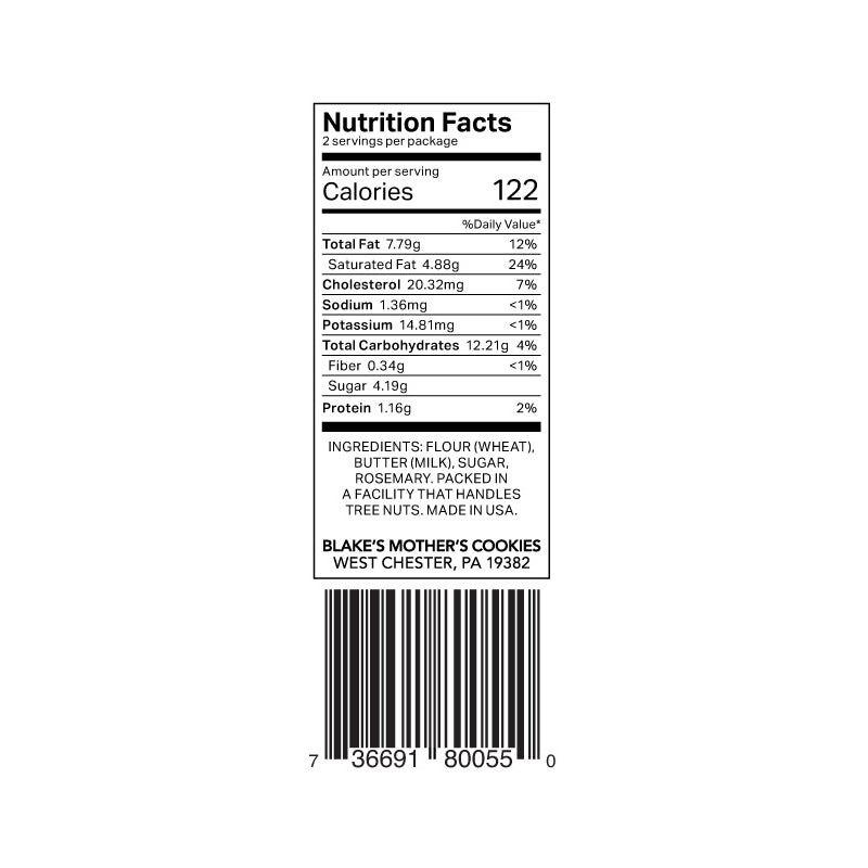 Nutrition label for 2.2-oz. Amagansett Rosemary Short Bites 
