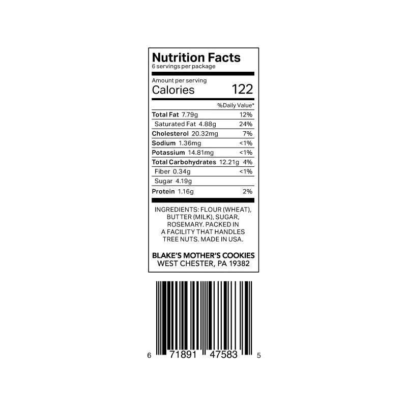 Nutrition label for Blake's Mother's Cookies 6.6-oz. Amagansett Rosemary Short Bites