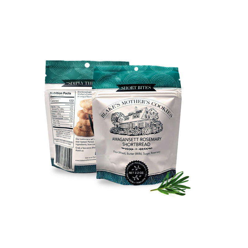 Two pouches of 2.2-oz. Amagansett Rosemary Short Bites with sprig of rosemary