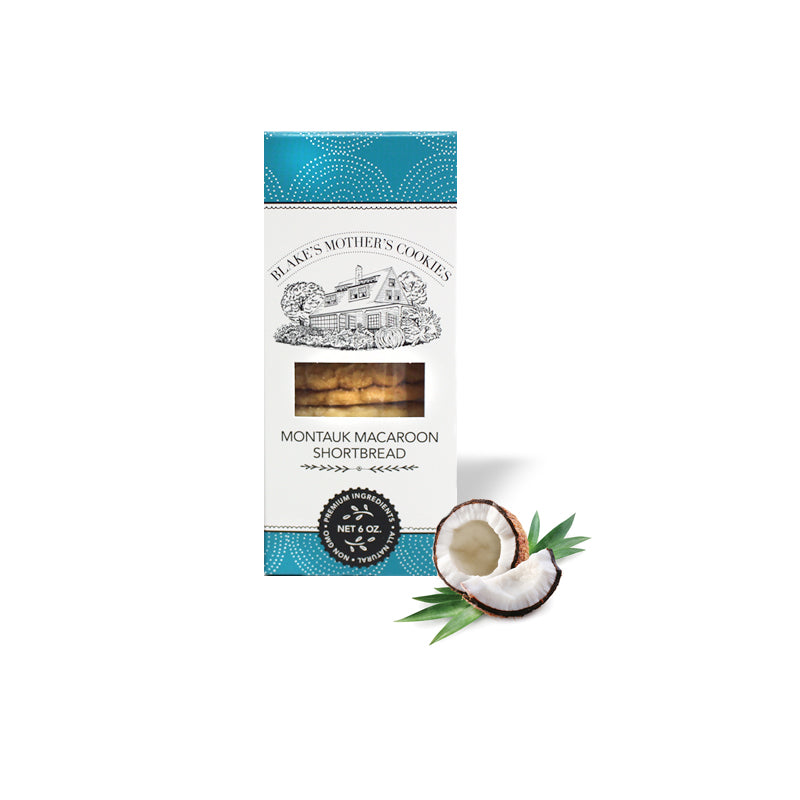 Single 6-oz. box of Montauk Macaroon Shortbread with coconut in front