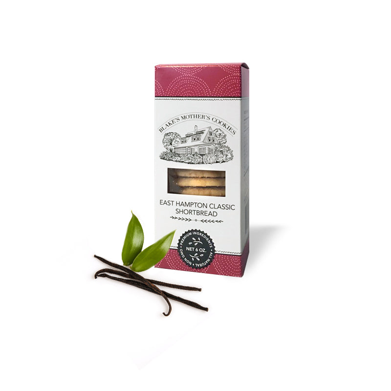 Single 6-oz. box of East Hampton Classic Shortbread with vanilla beans in front 