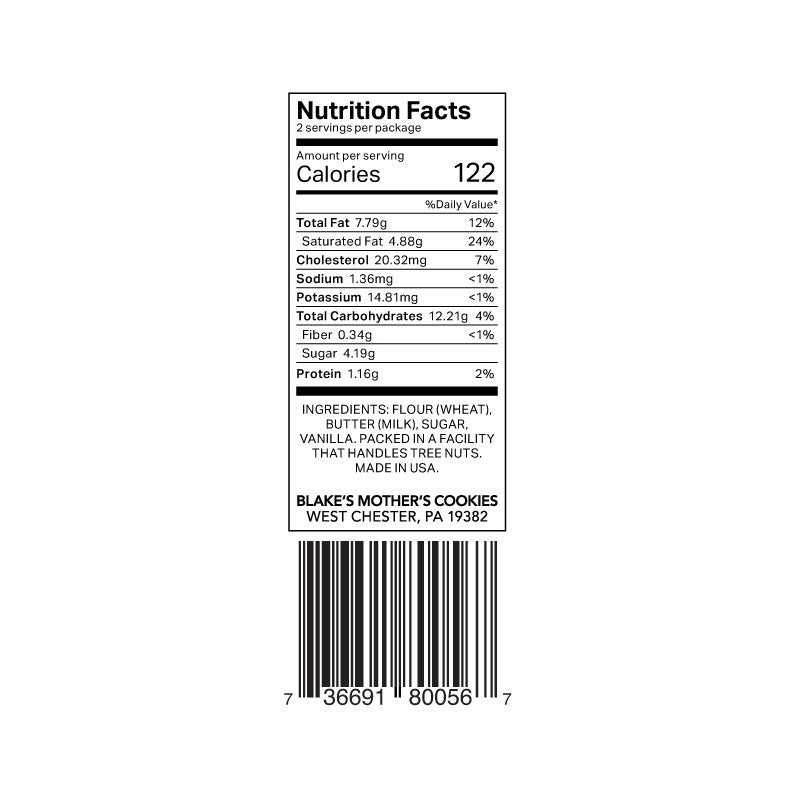 Nutrition label of Blake's Mother's Cookies  2.2-oz. East Hampton Classic Short Bites