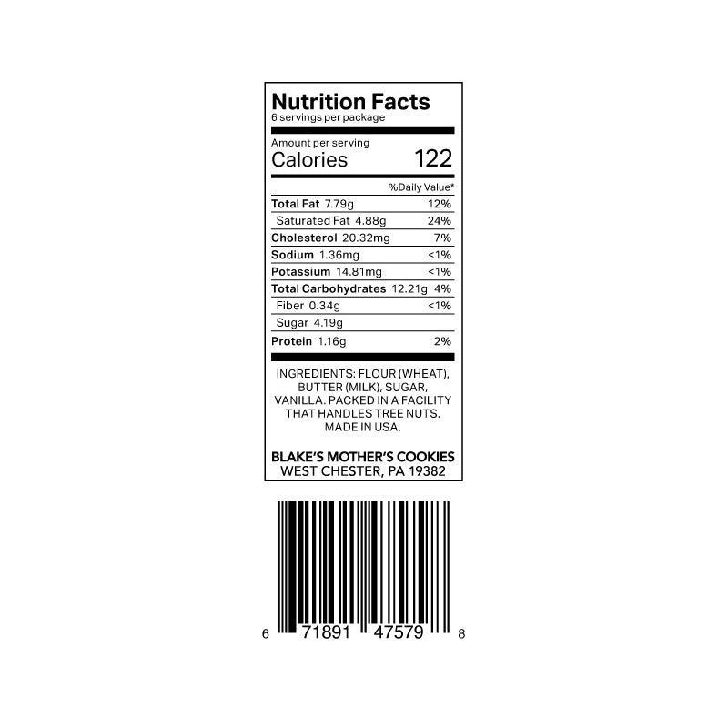 Nutrition detail for Blake's Mother's Cookies 6.6-oz. East Hampton Classic Short Bites pouches