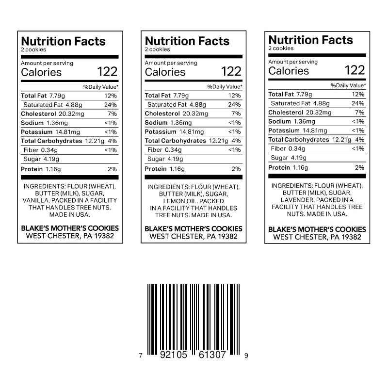 Three nutrition labels for the Autumn Gift Box