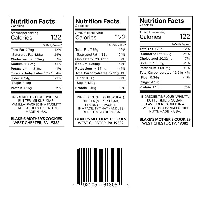 Three nutrition labels for the Spring Gift Box