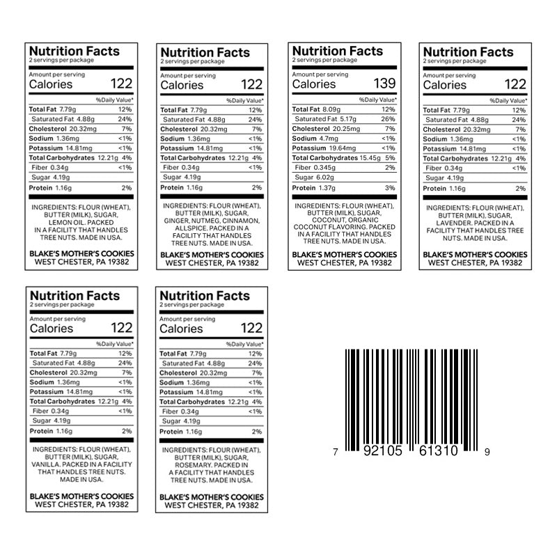 Six nutrition labels for the BMC Spring Gift Bag with 2.2-oz. pouches
