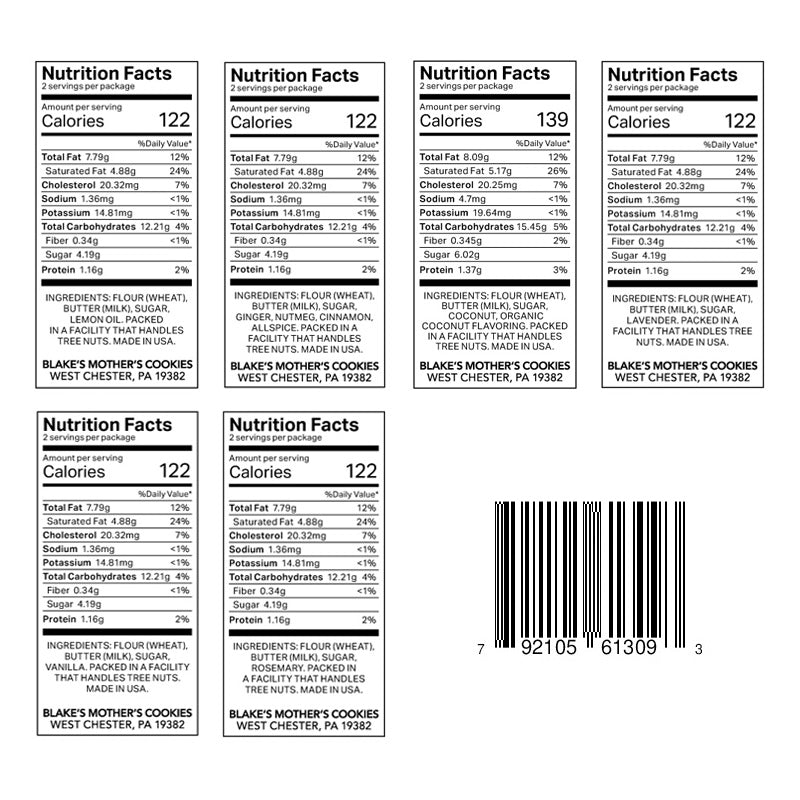 Six nutrition labels for the BMC Valentine Gift Bag with 2.2-oz. pouches