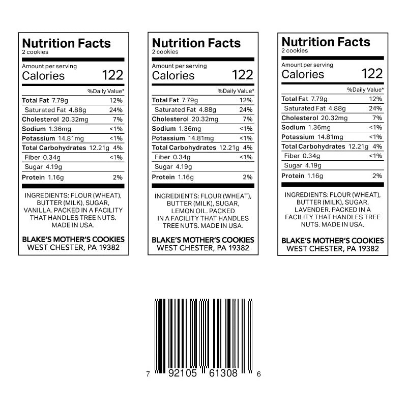 Three nutrition labels for the Winter Gift Box