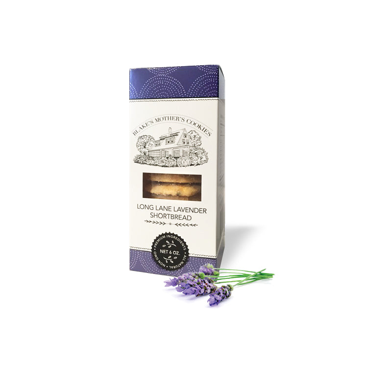 Single box of 6 oz. Long Lane Lavender Shortbread cookies with a sprig of lavender