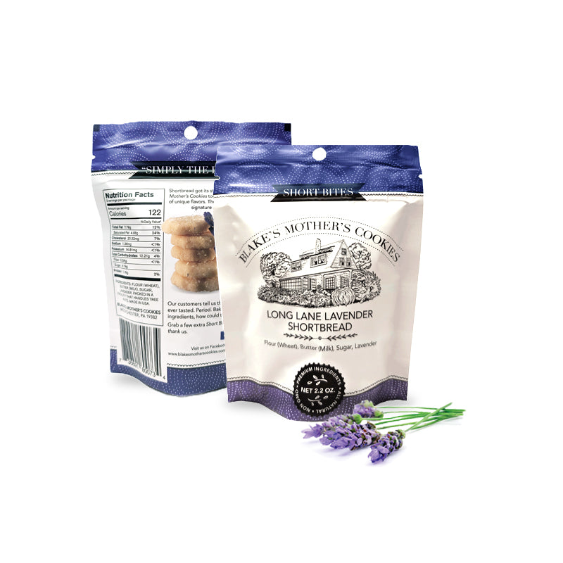 Two pack of Long Lane Lavender 2.2-oz. Short Bites pounches, with sprigs of purple lavender in front